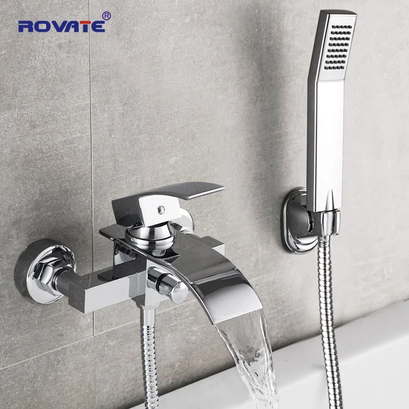 ROVATE حوض الاستحمام دش مجموعة الحائط شلال حنفية الحمام ، الحمام الباردة والساخنة خلاط الصنابير النحاس الكروم ROVATE حوض الاستحمام دش مجموعة الحائط شلال حنفية الحمام ، الحمام الباردة والساخنة خلاط الصنابير النحاس الكروم