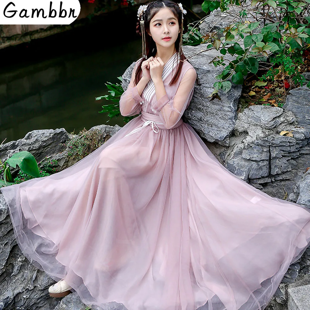 

Chinese Traditional Fairy Costume Ancient Han Dynasty Princess Clothing National Hanfu Stage Mesh Dress Folk Dance Costume 2019