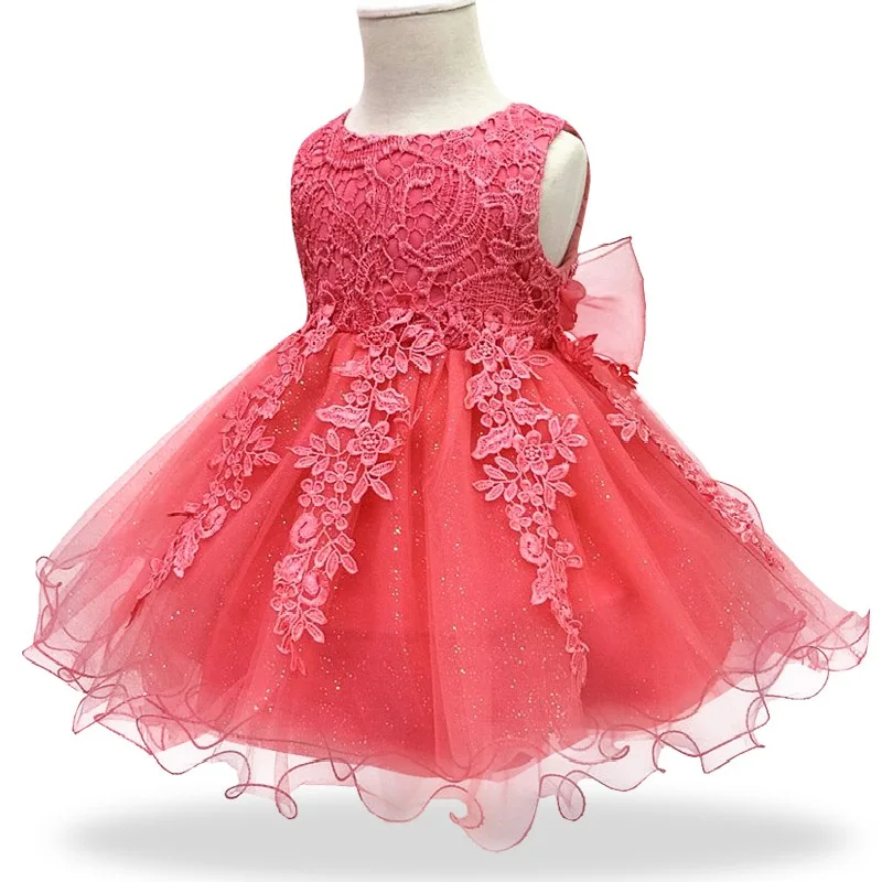 Платье на день рождения для новорожденных девочек 1 год кружевное фатиновое платье на крестины для маленьких девочек милые вечерние платья принцессы для малышей - Цвет: watermelon red