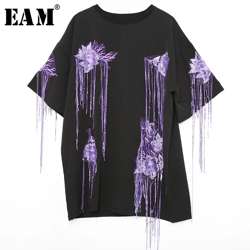 

[EAM] 2019 New Spring Summer Round Neck Three-quarter Sleeve Purple Sequins Tassels Irregular Big Size Dress Women Fashion JU59