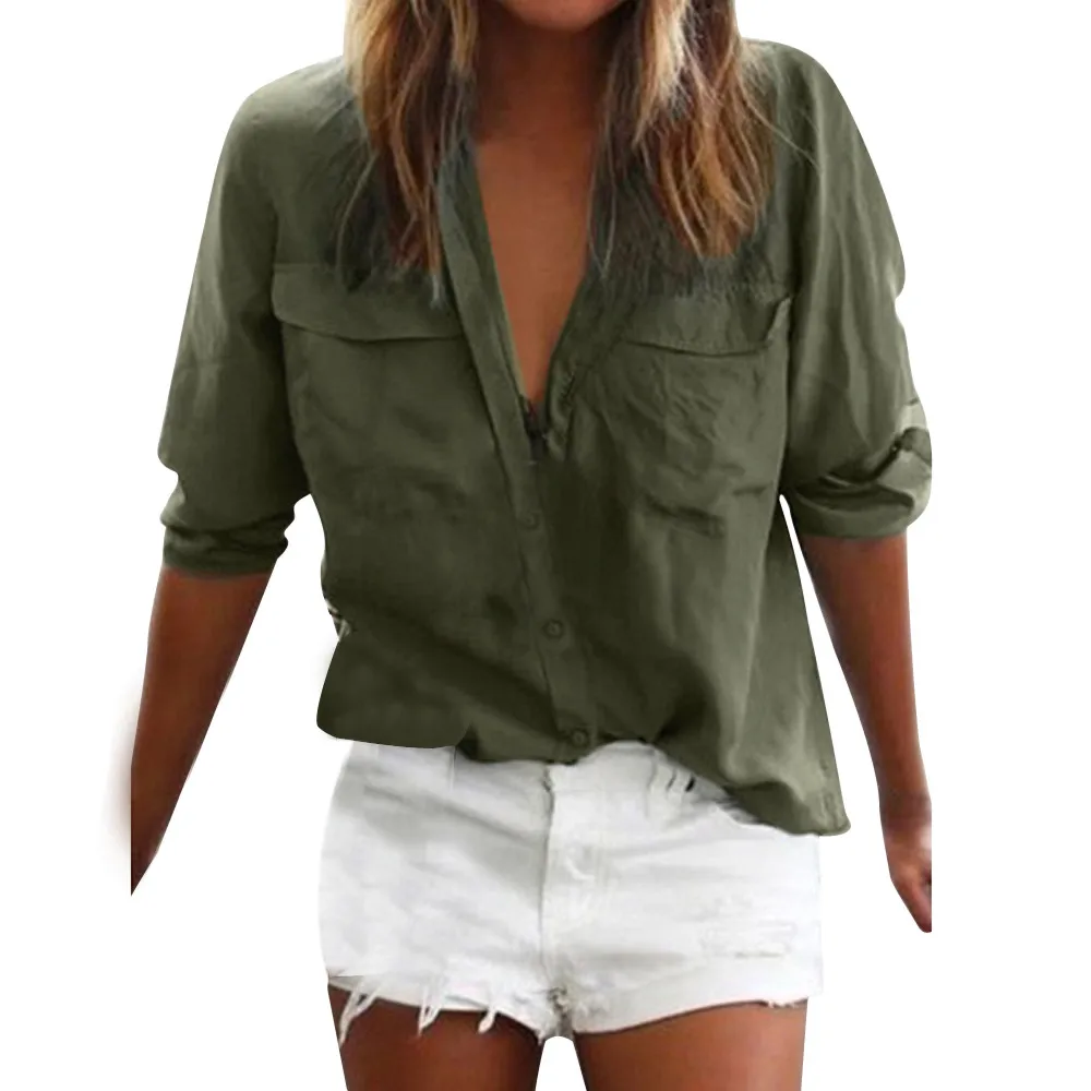 

Blouses Women 2019 Long Sleeve Solid Button Down Blouses Tops V-Neck Shirt womens clothing Women Blouses camisa feminina
