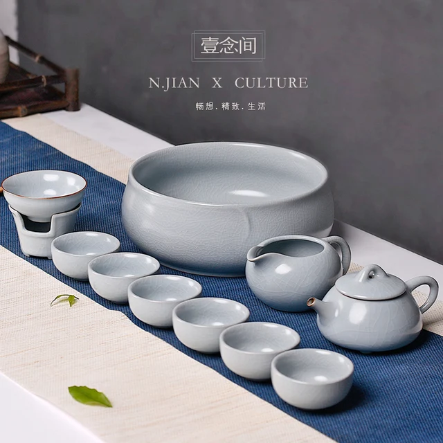 Best Price Home Tea Bowl Teapot Cup Set Chinese Ru Kiln Kung fu Tea Set imitation Song Ru Whole Porcelain Tea Set Free Shipping