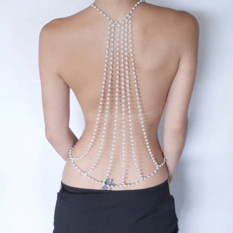  2016 New Fashion Sexy Backdrop Pearl Body Chain Necklace Back Body Chain Beach Jewelry Wedding Back