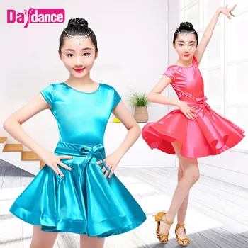 

Shiny Girls Latin Dress Practicing Costumes O Neck Modern Ballroom Latino Dresses With Waist Bowknot