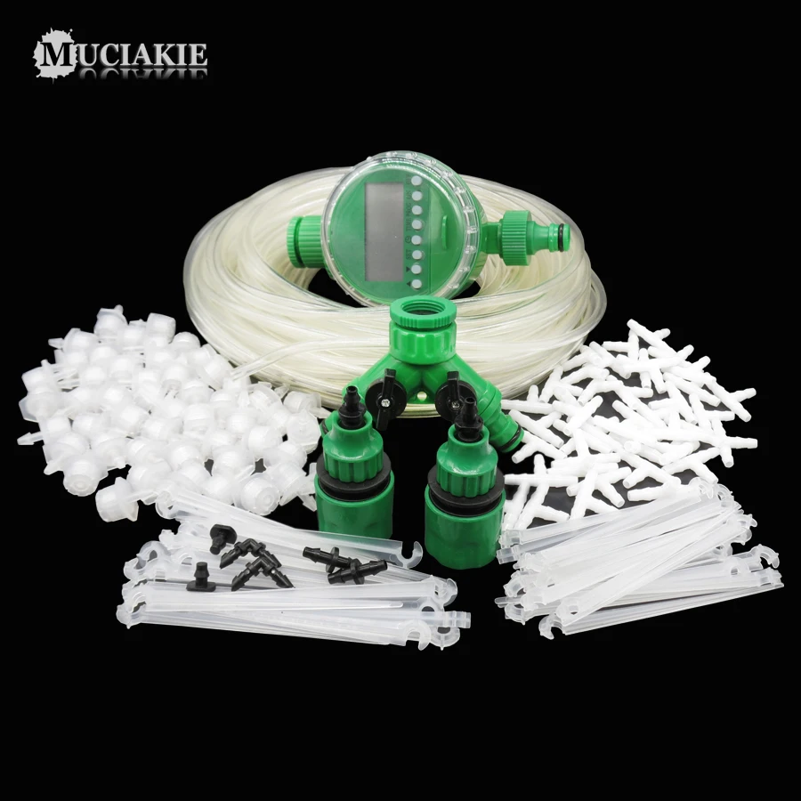 

MUCIAKIE 1 Set (164PCS) Garden Water Irrigation System Watering Kit Automatic Timer Hose Tee Connector Adjustable White Drippers
