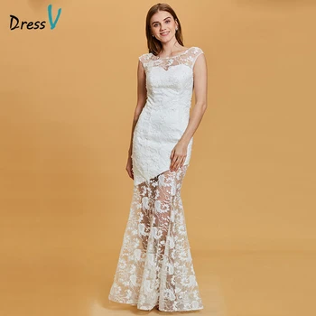 

Dressv white evening dress cheap scoop neck zipper up lace mermaid wedding party formal dress trumpet evening dresses