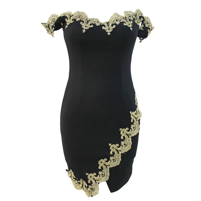 Gold-Lace-Applique-Black-Off-Shoulder-Mini-Dress-LC22715-2-2
