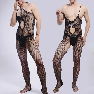 

Men Bodysuit Lace Pantyhose Sexy Hollow Fishnet Black Bodystockings Male Open-crotch Coveralls Body Stocking Bodyhose