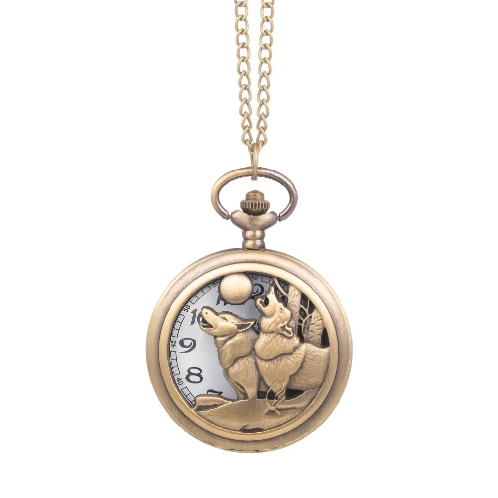 

Vintage bronze Moon Wolf Pocket Watch Necklace Howling Wolf Hound Dog Copper Quartz Fob Watch Clock Relogio De Bolso