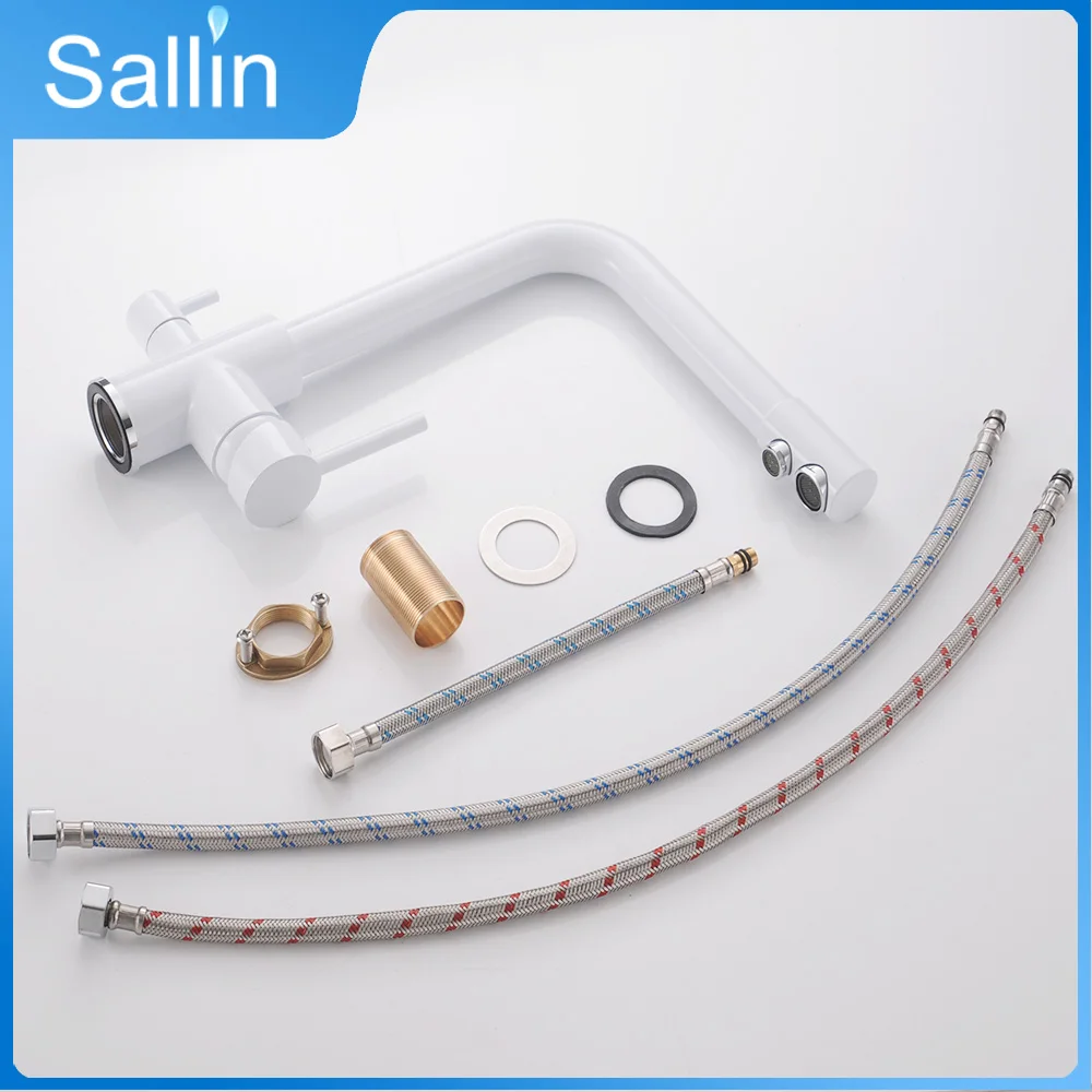 Solid Brass Beige White Kitchen Faucet Double Spout Drinking Water Filter Kitchen Faucet Tri-flow Tap for Kitchen Sink Faucet