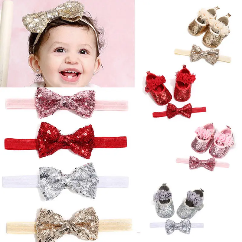 Newborn Infant Baby Girls Boys Summer Crib Shoes 3 Style Sequined Floral Flat With Heel Hook Princess Shoes+Headband 2PCS