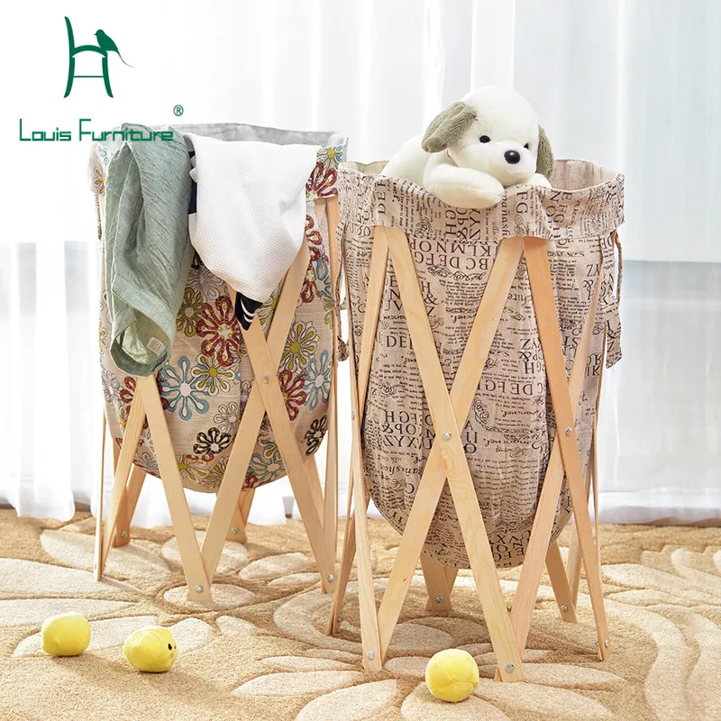 

Louis Fashion Dirty Clothes Collecting Basket Folding Stuff Solid Wood Fabric Modern Simple Convenient