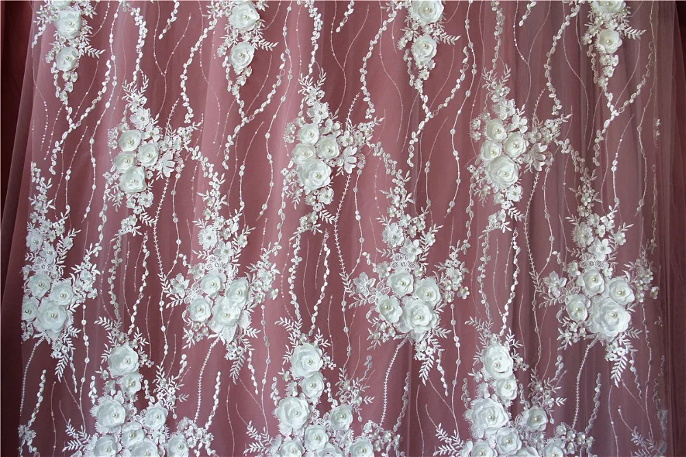 Белое свадебное платье кружевная ткань Роскошная вышивка 3D шифоновые цветы гвоздь бисера высокого класса европейская кружевная ткань SM499