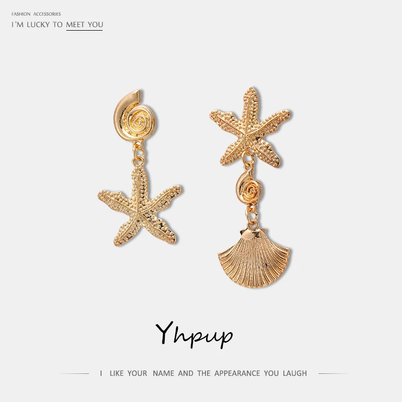 

Yhpup Trendy Personality Shell Starfish Asymmetry Dangle Earrings Zinc Alloy Vintage Gold Earrings for Women Beach Jewelry Gift