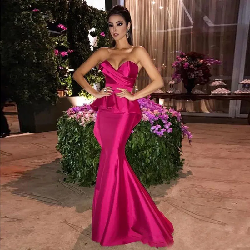 Fuchsia Long Mermaid Evening Gowns with Peplum Ruched Sweetheart Prom Dresses Zipper Back Maid of Honor Dress109