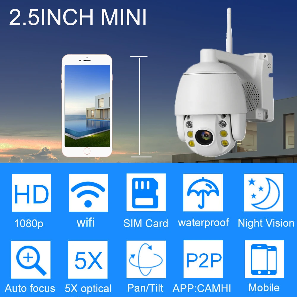 Мини ip камера WIFI PTZ 5X Zoom 1080P HD 2MP беспроводная безопасность наружная скоростная