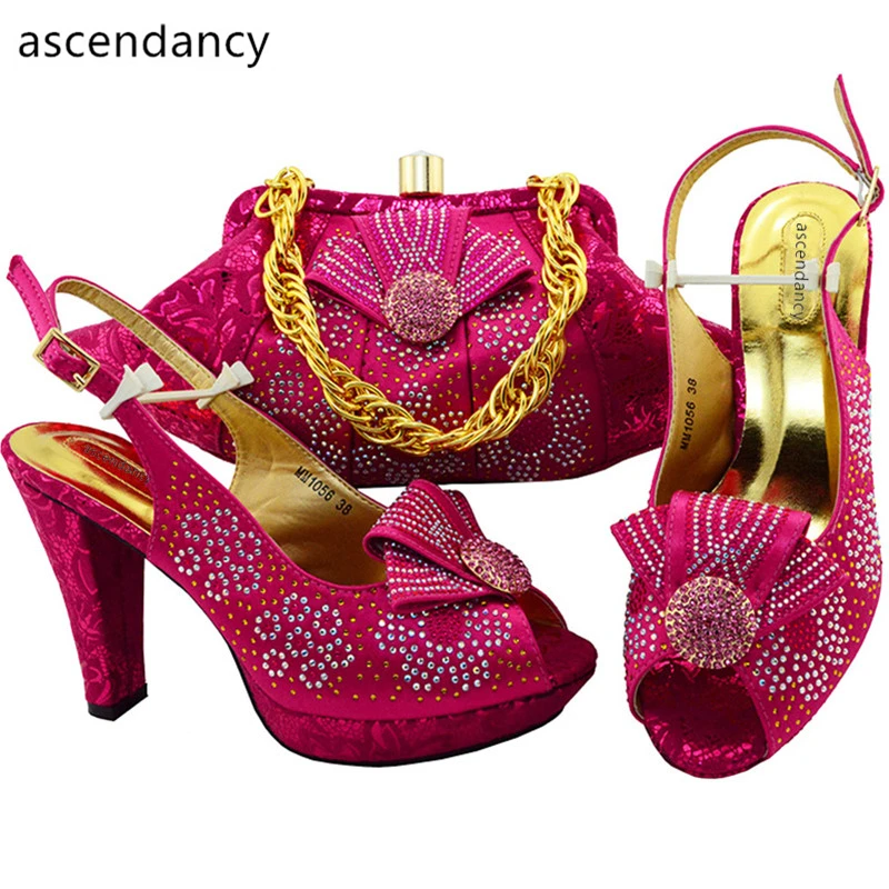 

Latest Fuchsia Color Women Italian African Party Pumps Shoes and Bag Italian Ladies Shoes and Bags To Match Set with Rhinestone