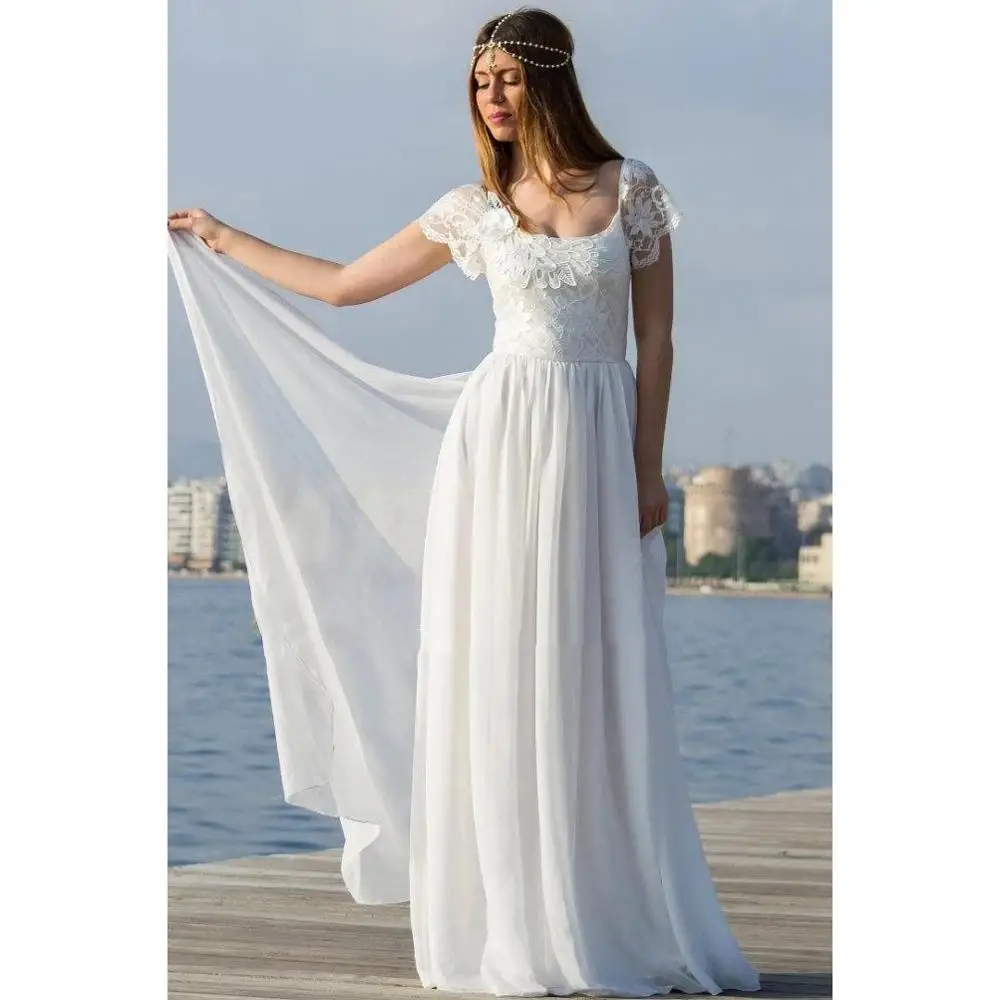 

New Arrival Boho Beach Wedding Dress Exquisite Floral Lace Appliques Cap Short Sleeves Backless Boho Bridal Gowns Chiffon A Line