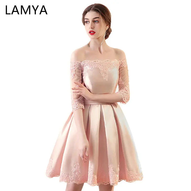 

LAMYA 6 Colors Customized Cheap A Line Short Satin Prom Dresses With Sleeve 219 Plus Size Formal Party Dress Vestidos De Novia