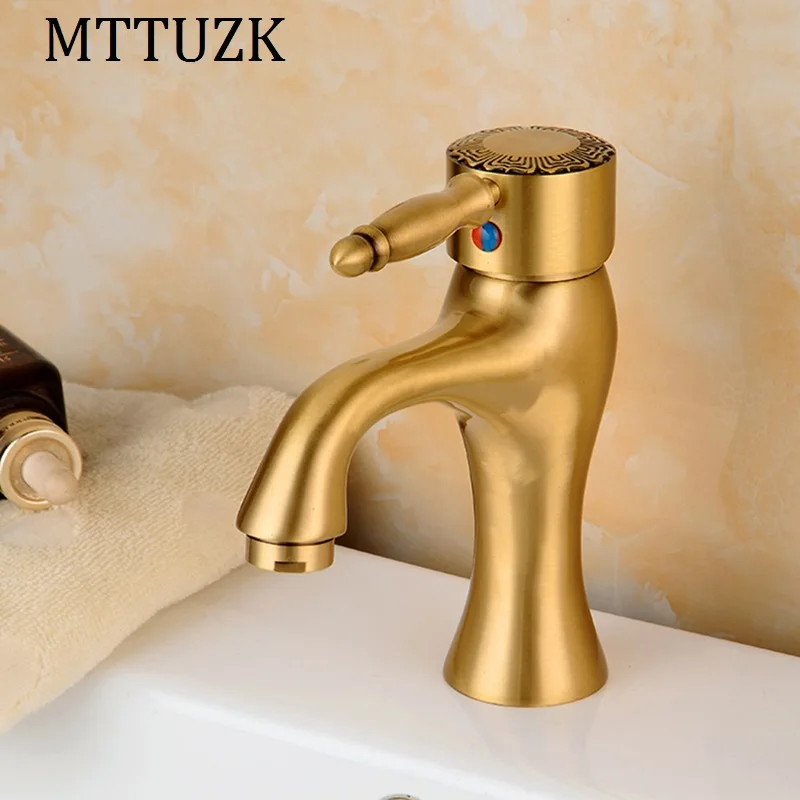 Роскошный autique резной матовый золотой кран для раковины с одной ручкой одно отверстие горячей и холодной воды Ванная раковина кран