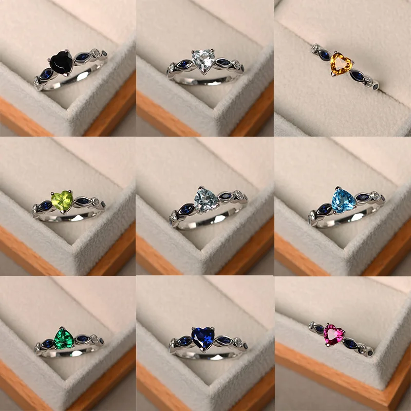 

Female Red Green Blue Heart Ring Small Silver Finger Ring Vintage Wedding Bands Promise Love Engagement Rings For Women