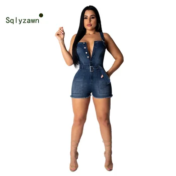 

Button Sexy Denim Burr playsuit Women Short Jumpsuit Rompers Bodycon Summer Strap Jean Overalls Fashion Party Club slim Playsuit