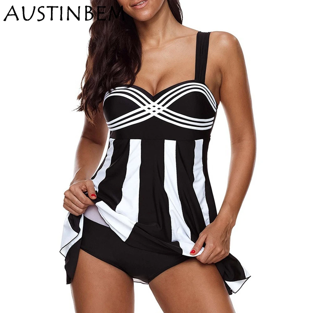 

AUSTINBEM 2019 Stripe Tankini Women Swimwear Two Piece Bathing Swimdress Beach Wear Swim Maillot De Bain Female Plus size S-5XL