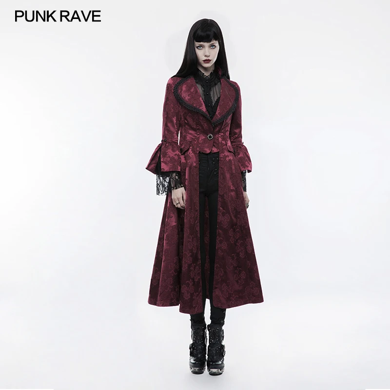 PUNK RAVE Women Gothic Victorian Style Jacket Coat Fashion Flower Pattern Gorgeous Long Coat Evening Party Wedding Coat