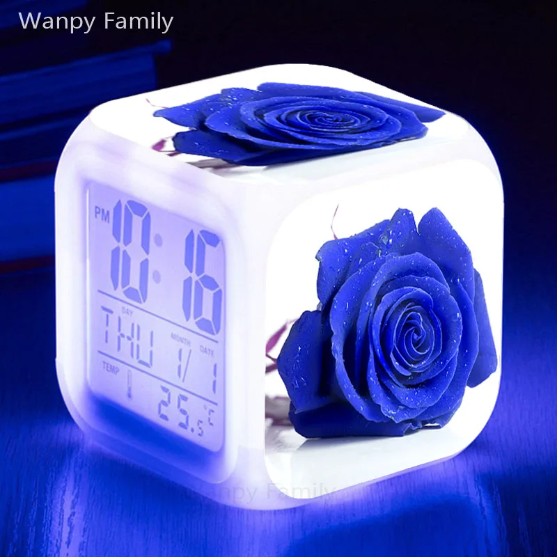 

Blue roses flower Alarm Clock Glowing LED Color Changing Digital Alarm Clock Kids Room Multifunction Night Light Watches Clock