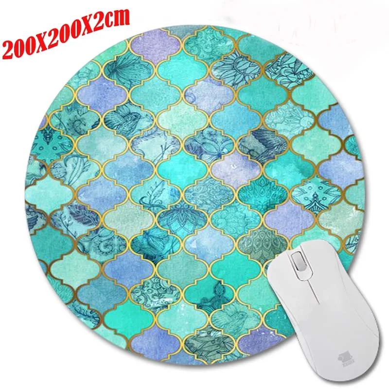97cobalt blue aqua gold decorative moroccan tile pattern prints Mouse Pad Small Size Round Mouse Pad Non-Skid Rubber Pad (1)