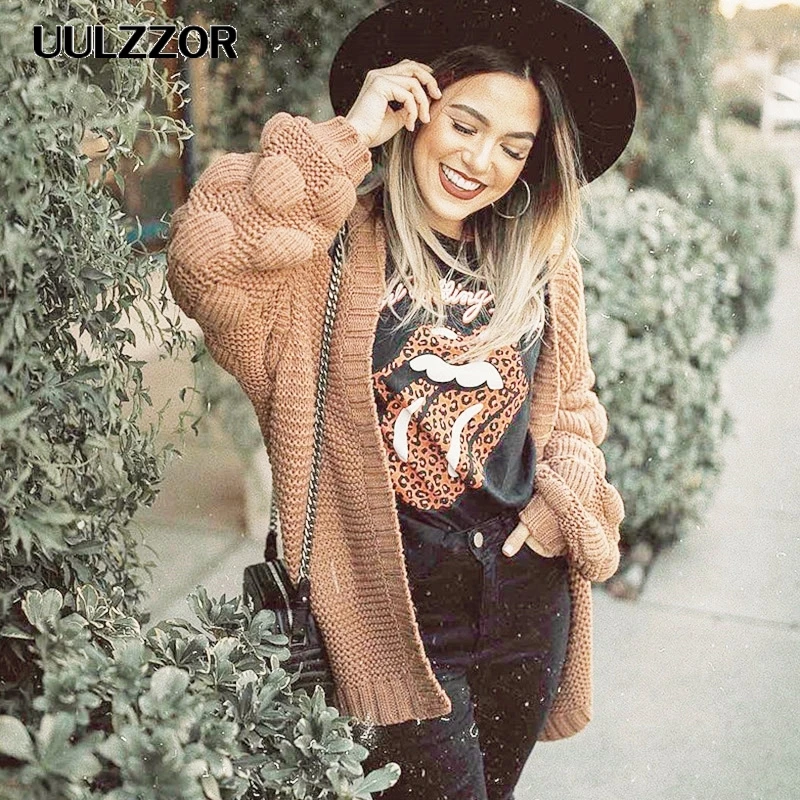 

UULZZOR Women cardigan sweater winter autumn sweaters cardigan jumper coat solid loose casual sweaters puff sleeves plus size