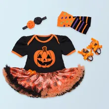 Новинка для девочек на Хэллоуин подарки новорожденным тыквы Детский комбинезон с принтом для малышей; повязка на голову с цветком, гетры комплект одежды вечерние платья-пачки