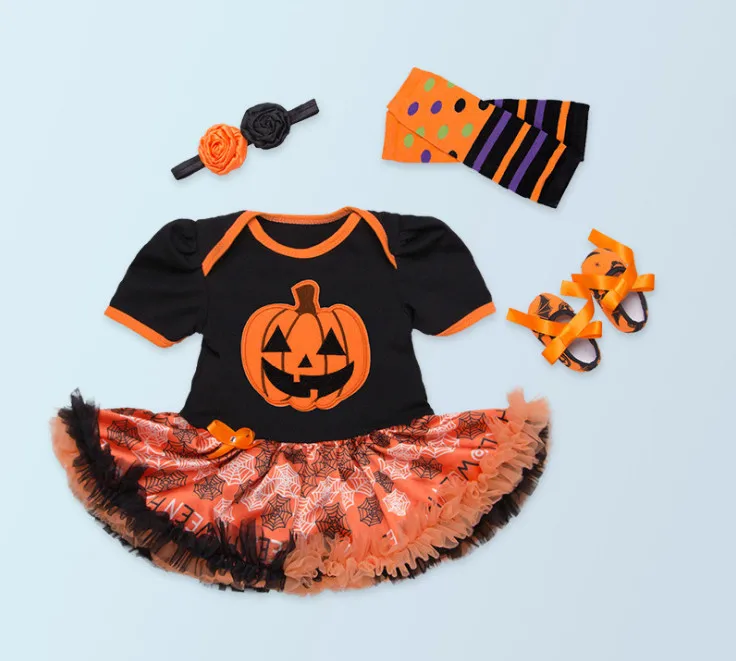 

New Baby Girl Halloween gifts Newborn pumpkin print rompers toddler shoes flower headband leg warmer clothing set Party tutu