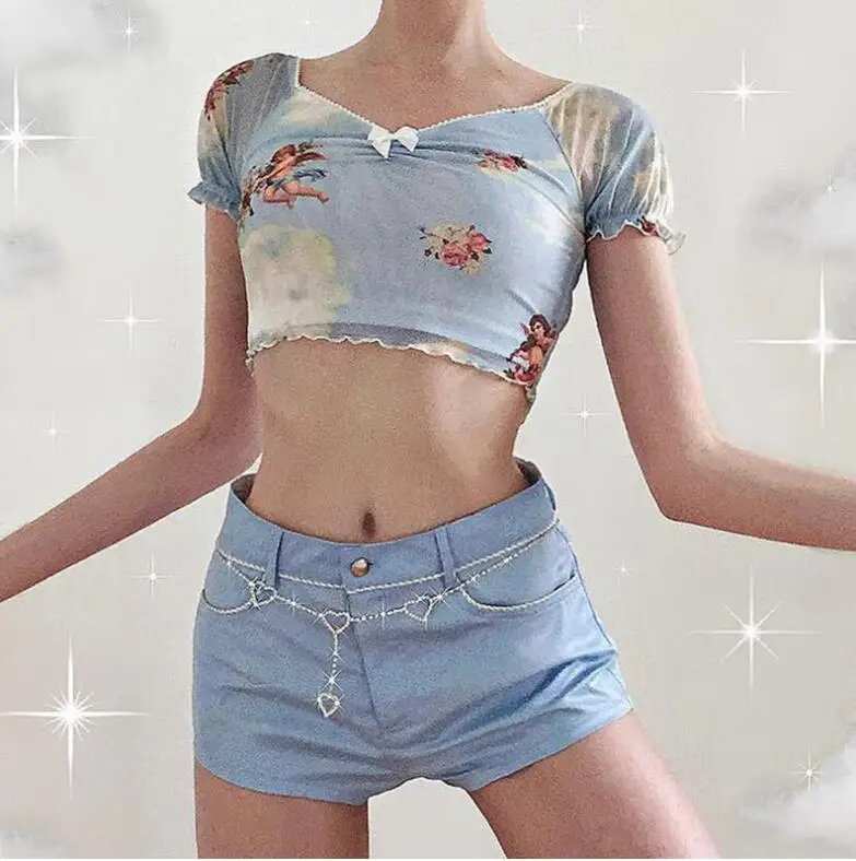 

Short Sleeve Mesh Women V Neck Angel Print Ruffle Fashion Vintage Tank Top