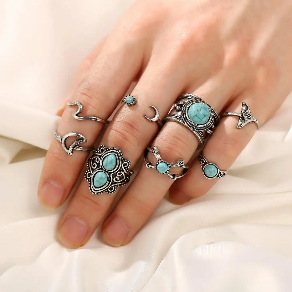 

8Seasons Vintage Blue Stone Geometric Moon Arrow Wave Knuckle Rings Set Bohemian For Women Party Antique Silver Rings Jewelry