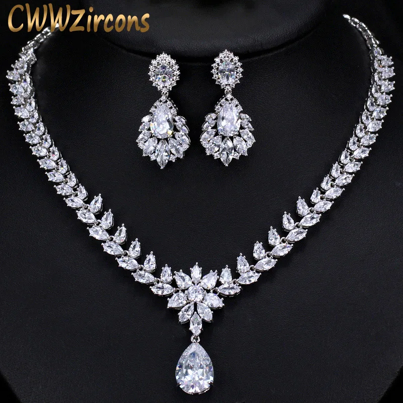 Большие серьги CWWZircons с каплями воды ожерелье сверкающий Фианит комплект