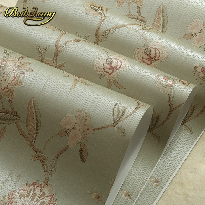 wall paper. Pune retro green garden flower wallpaper American country backdrop environmental non-woven wallpaper bedroom living