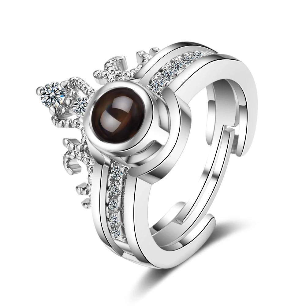 

ANENJERY Two-in-one Crown Couple Ring Female Opening 925 Sterling Silver 100 languages Projection Rings S-R478