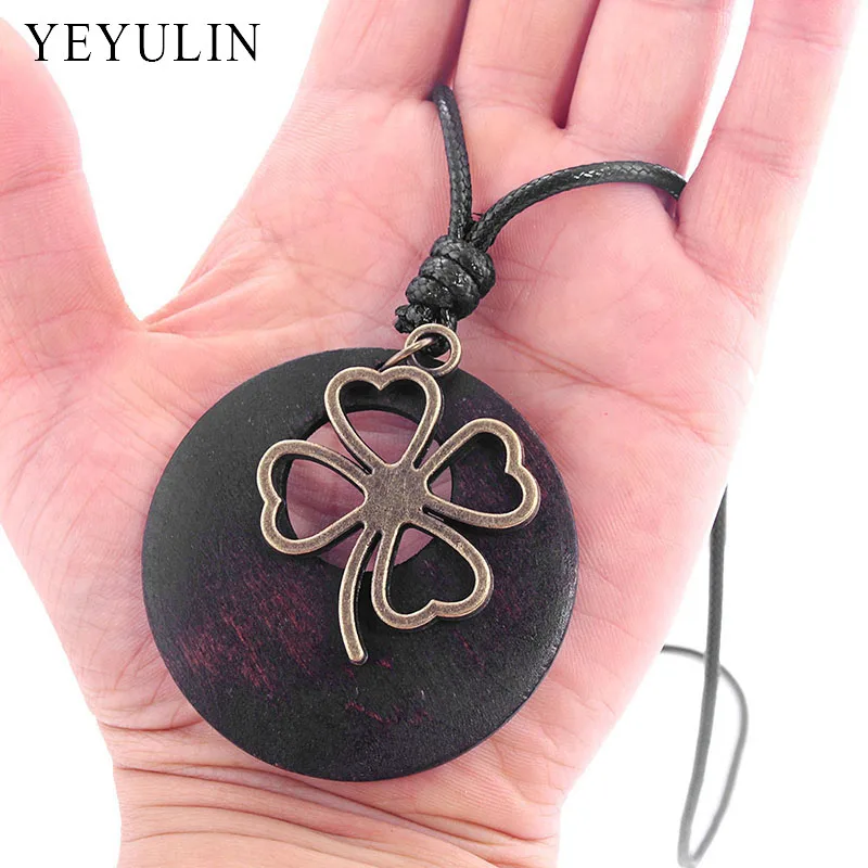 

Trendy Wood Round Alloy Maple leaf Clover Glasses Giraffe Life Tree Guitar Wing Pendant Necklace For Women Men Wax Rope Necklace