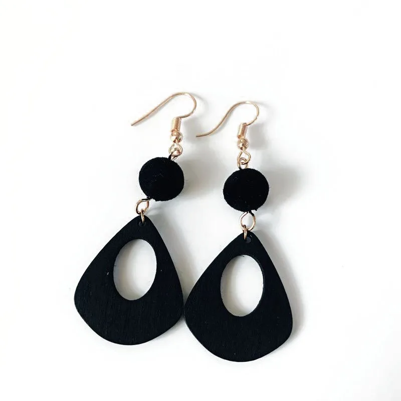 

Free Shipping Teardrop Wood Round Pom Ball Charm Fashion Simple Dangle Earring