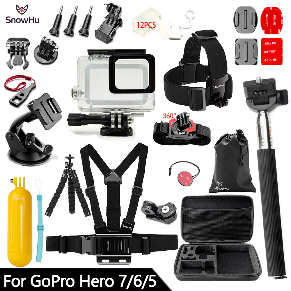 Baratos SnowHu para Gopro accesorios Set para Gopro hero 8 7 6 5 funda impermeable marco de protección monopod para Go pro 7 6 gopro 8 GS73