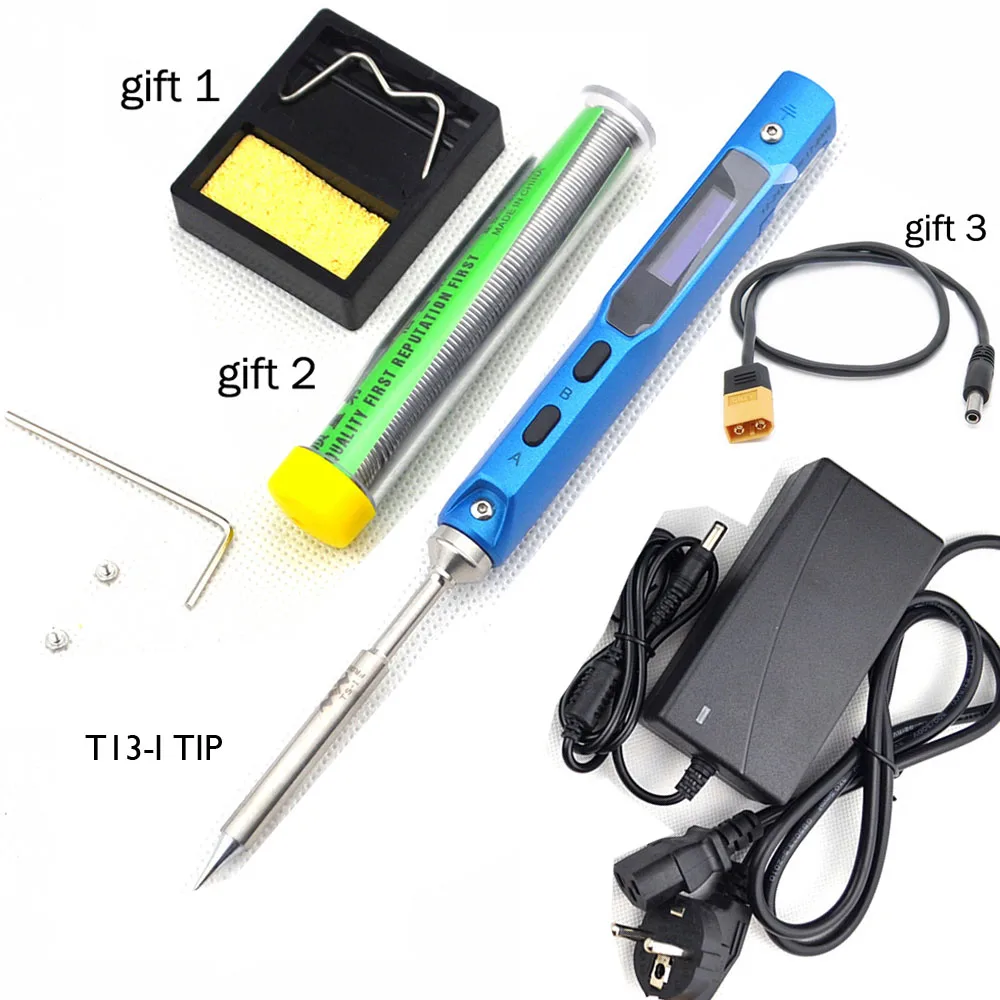 TS100 Portable MINI Programmable Digital LCD Display Electric Soldering Iron+ Soldering Iron Tip+ 12V DC Power Adapter - Цвет: Blue TS100 I TIP