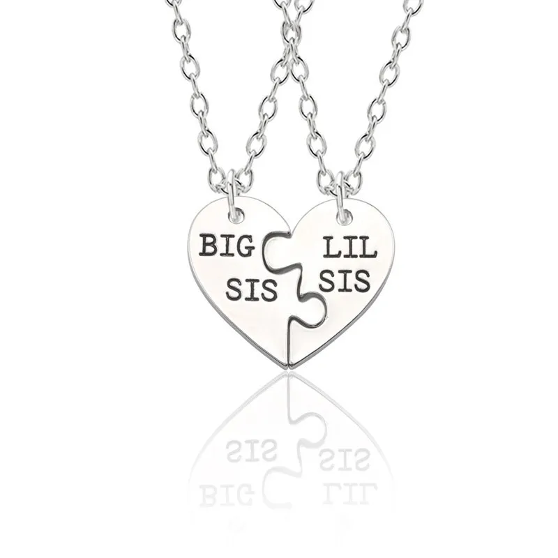 

BIG SIS LIL SIS Sister Necklace Silver Heart Puzzle Pendant Necklace Big Sister Little Sister Family BFF Friendship Jewelry Free