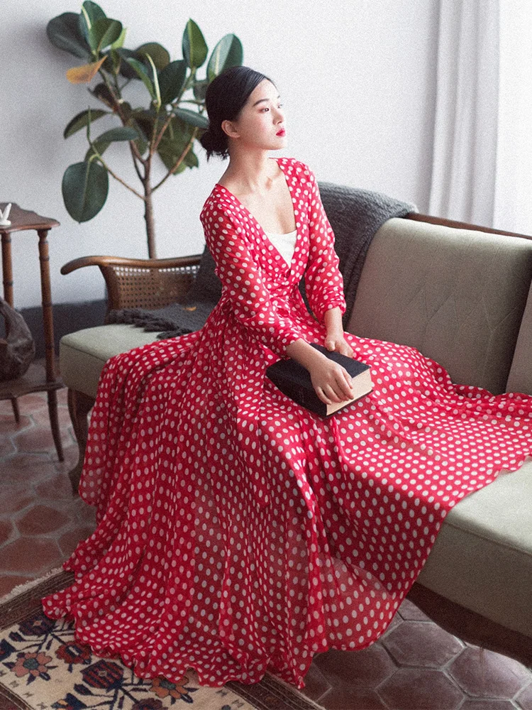

IRINAY542 2019 ss collection long vintage red polka dot chiffon dress