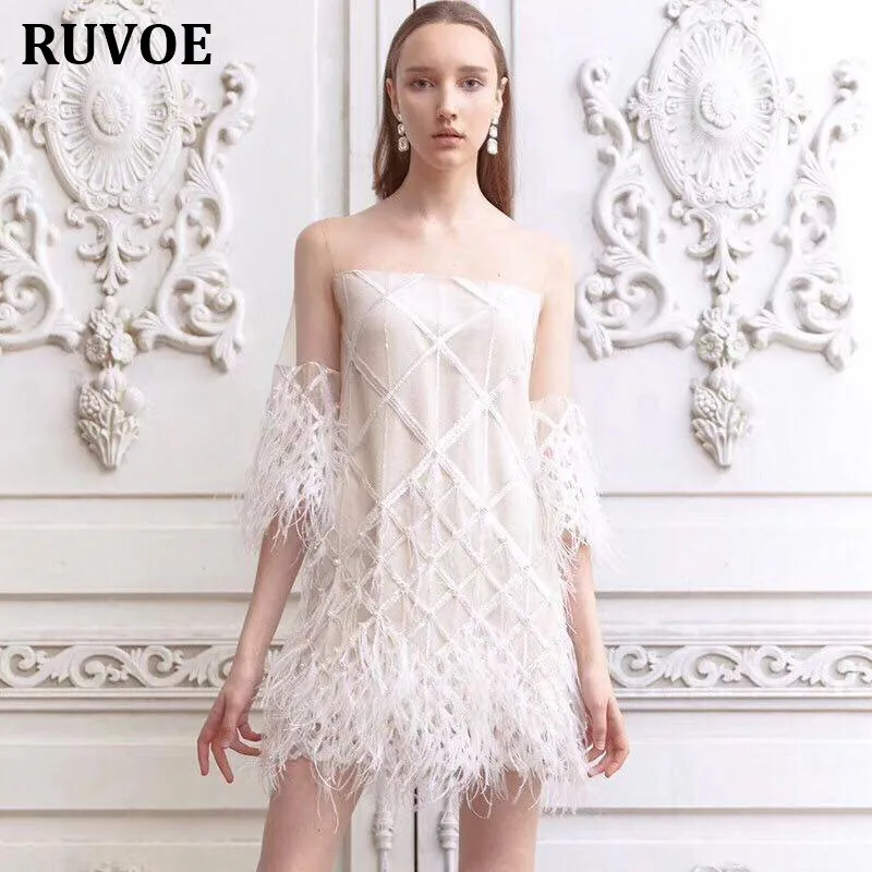 New Top Quality Spring New Year Half Sleeves Lace Mesh Feathers Dress Women Elagant Casual  Evening Party Mini Dress Q-319