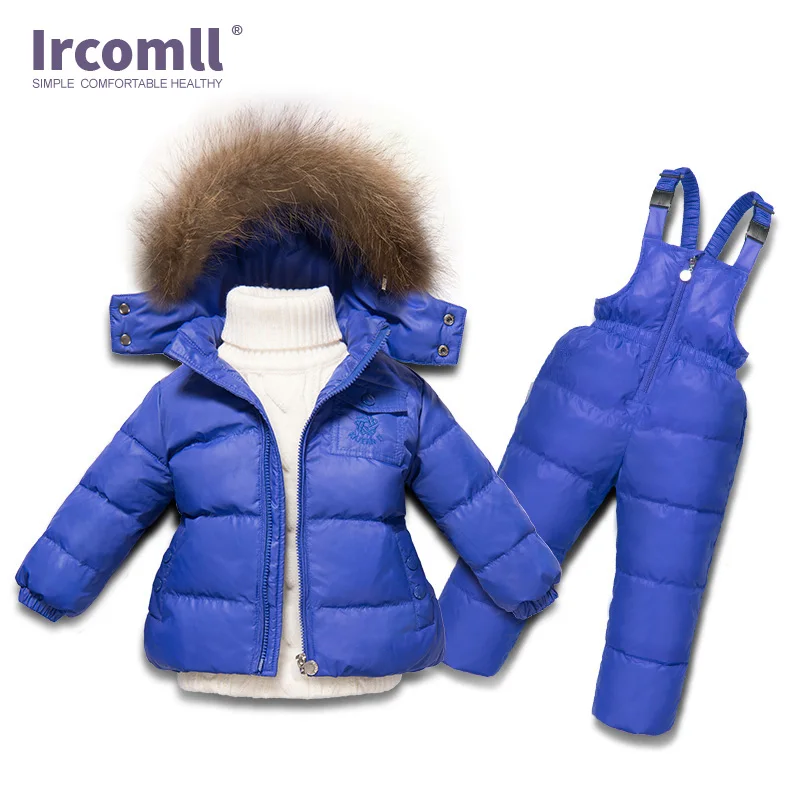 Ircomll/комплект одежды для мальчиков и девочек на русскую зиму, белое пуховое пальто для малышей+ комбинезон детская зимняя одежда из 2 предметов ветрозащитный лыжный костюм