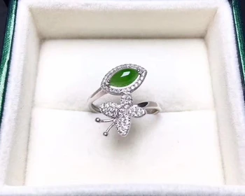 

Opening design Natural green jasper Ring Natural gemstone ring S925 silver trendy Butterfly women party girl gift fine Jewelry