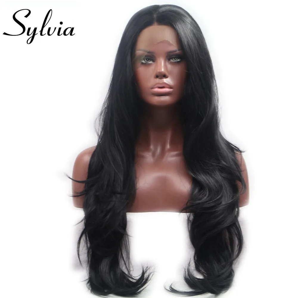 Sylvia 1b# натуральный черный волосы длинные натуральный парик волна химическое Синтетические волосы на кружеве Искусственные парики термостойкие Волокно волос для черных Для женщин