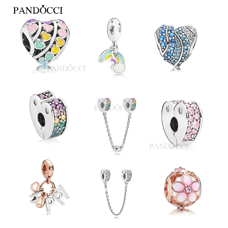 

2018 New Spring 925 Sterling Silver Rainbow Heart Clip Safety Chain DIY Fits for Original Bracelets Jewelry PANDOCCI