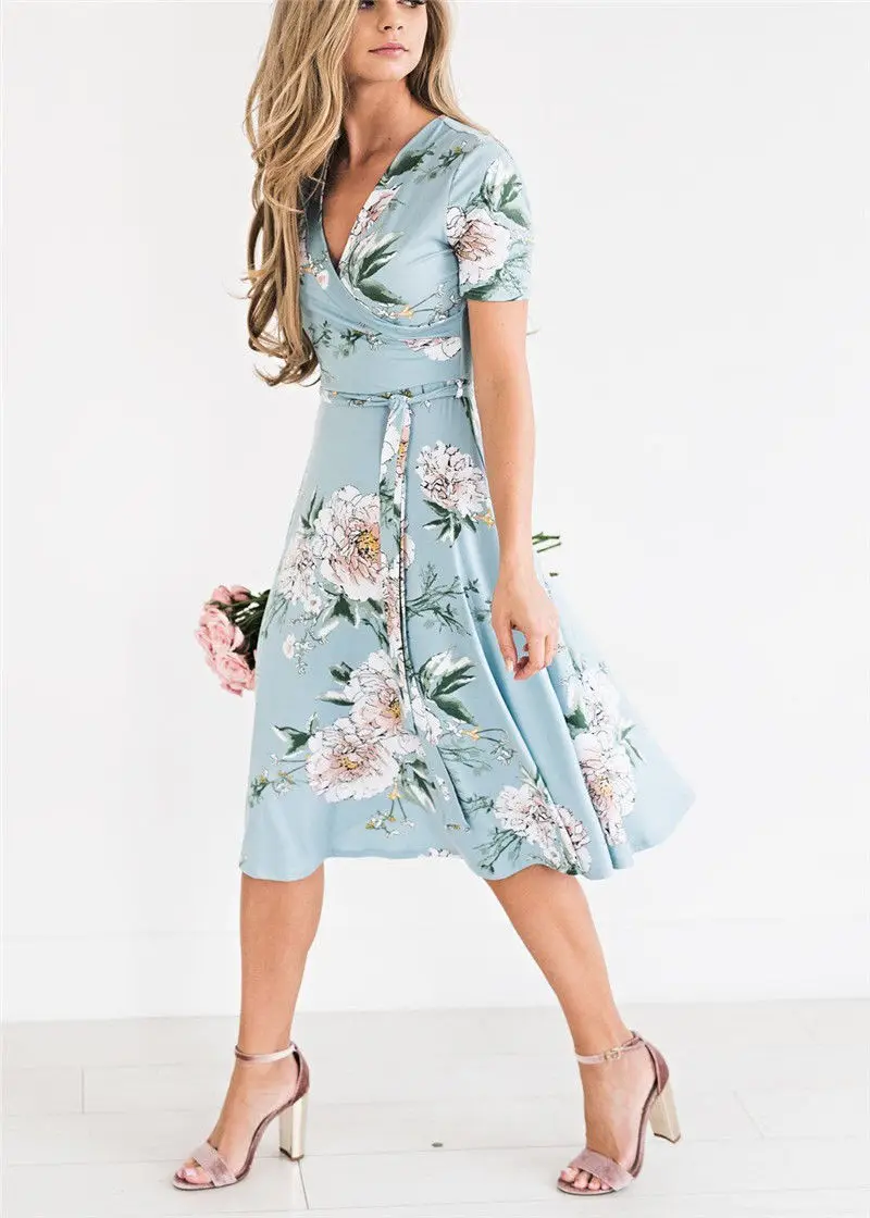 

2018 Womens Floral Long Maxi Dress Sexy V Neck Short Sleeve Evening Vestido Party Summer Beach Sundress